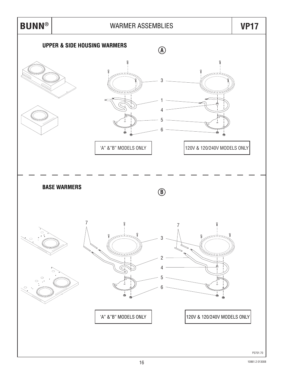 Bunn, Vp17, Warmer assemblies | Bunn VP17 BREWER 10861 User Manual | Page 16 / 20