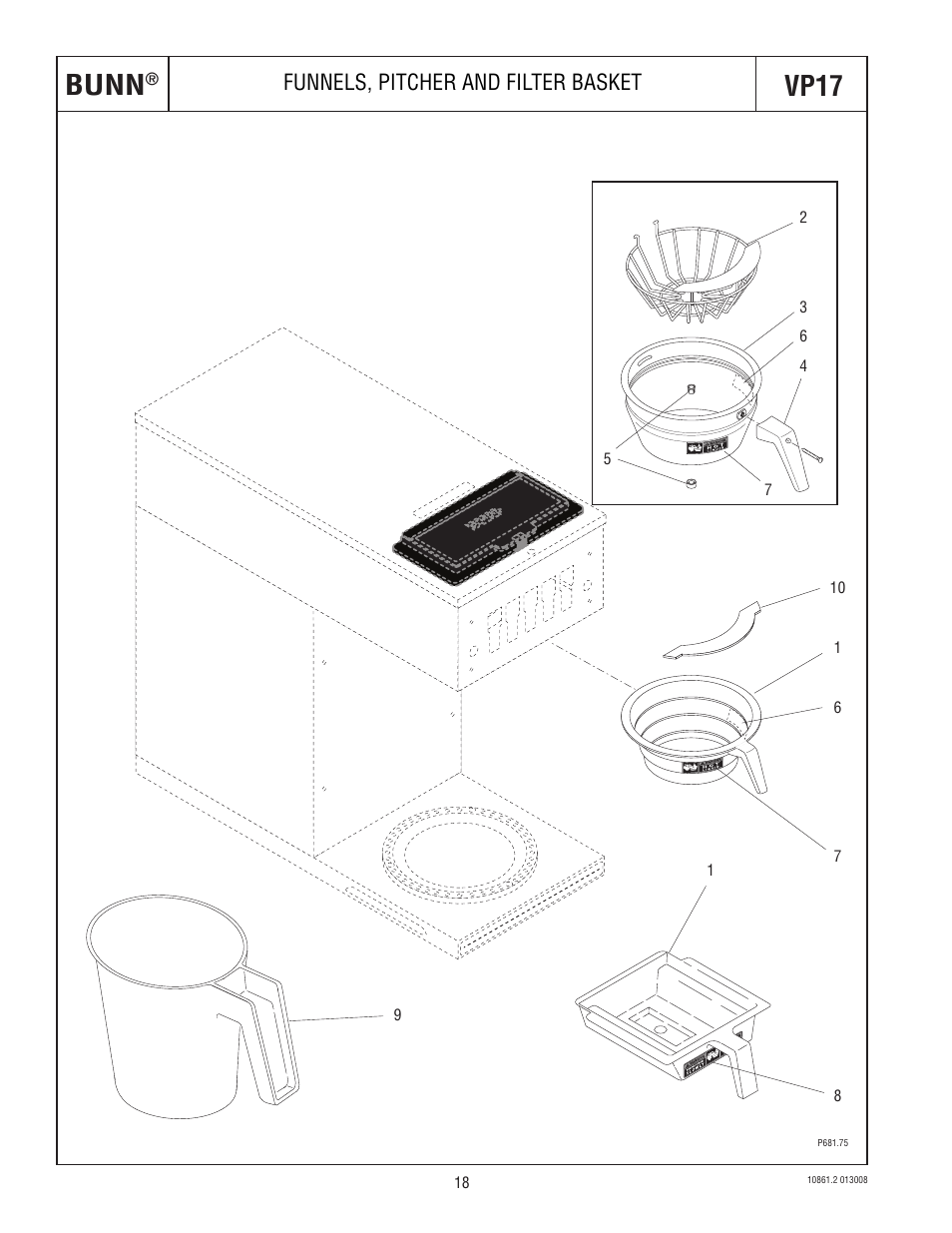 Bunn, Vp17, Funnels, pitcher and filter basket | Bunn VP17 BREWER 10861 User Manual | Page 18 / 20