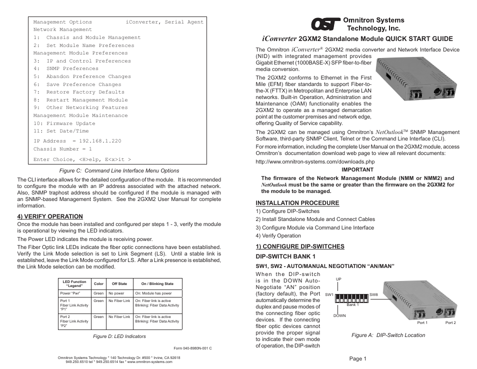 Omnitron Systems Technology iConverter 2GXM2 Standalone Module User Manual | 2 pages