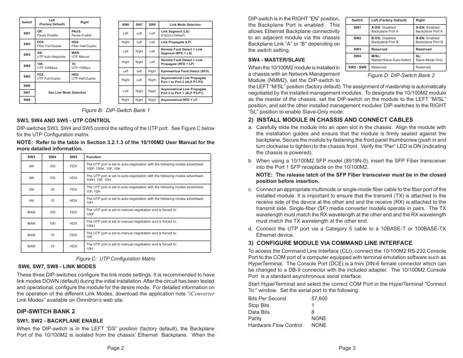 2) install module in chassis and connect cables, 3) configure module via command line interface, Iconverter | Dip-switch bank 2 | Omnitron Systems Technology iConverter 10/100M2 Plugin Module User Manual | Page 2 / 2
