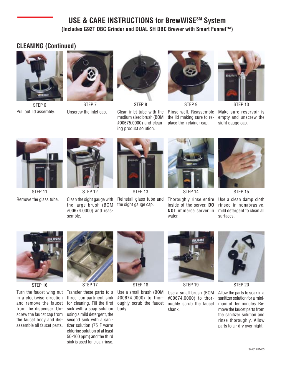 Bunn, Use & care instructions for brewwise, System | Cleaning (continued) | Bunn G92T User Manual | Page 2 / 2
