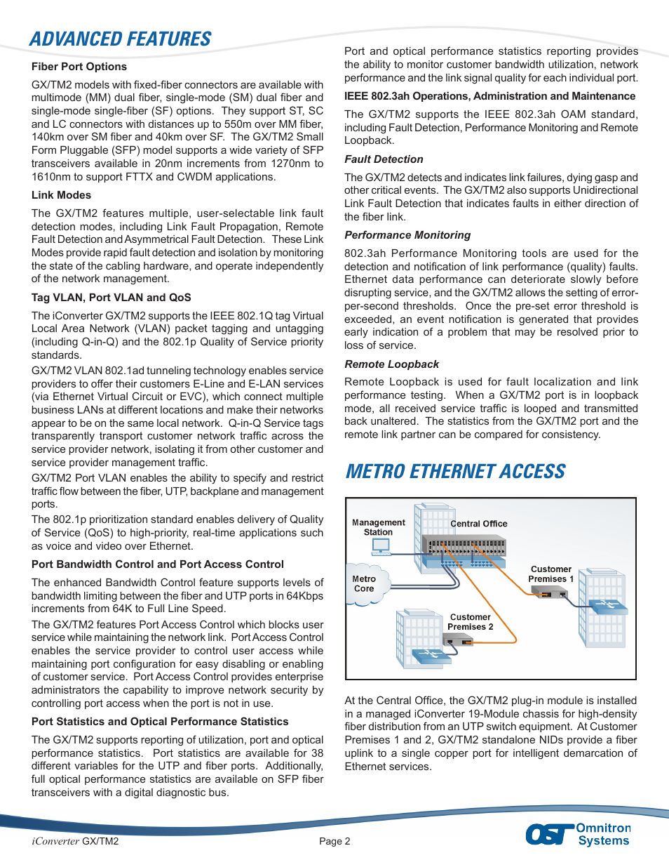 Advanced features, Metro ethernet access | Omnitron Systems Technology iConverter GX/TM2 User Manual | Page 2 / 4