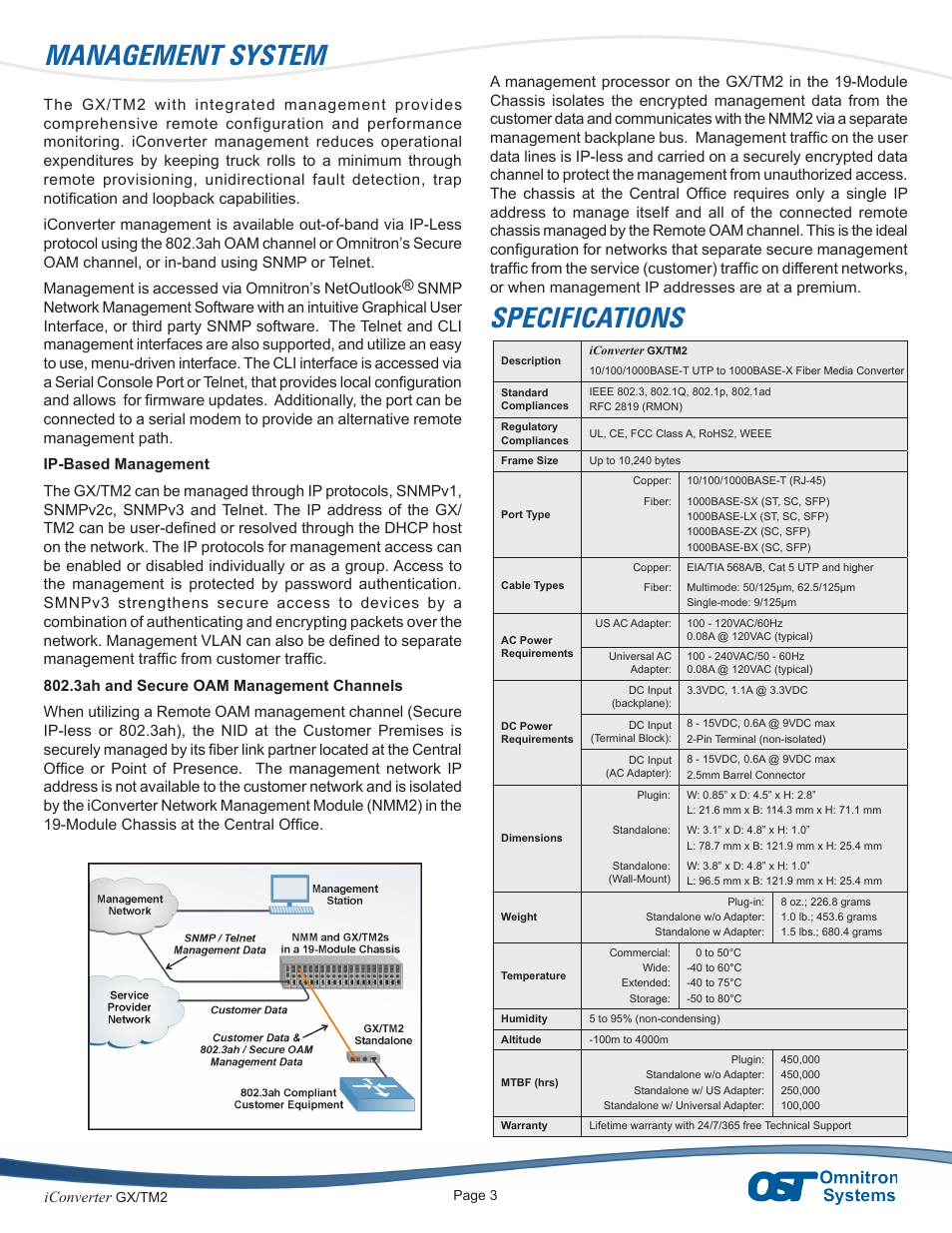 Management system, Specifications | Omnitron Systems Technology iConverter GX/TM2 User Manual | Page 3 / 4