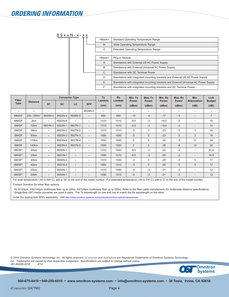 Ordering information, 8 9 x x n - x - x x, Iconverter | Gx/tm2 | Omnitron Systems Technology iConverter GX/TM2 User Manual | Page 4 / 4