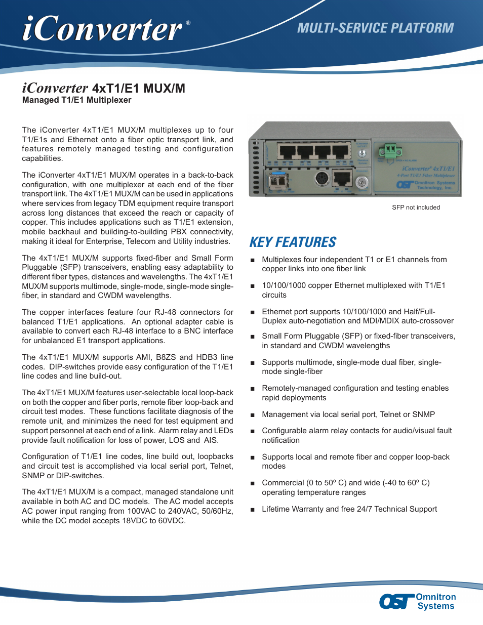 Omnitron Systems Technology iConverter 4xT1/E1 MUX/M User Manual | 3 pages