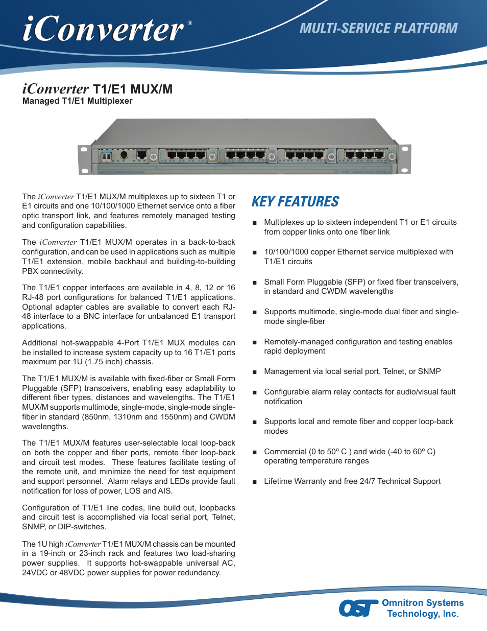 Omnitron Systems Technology iConverter T1/E1 MUX User Manual | 3 pages