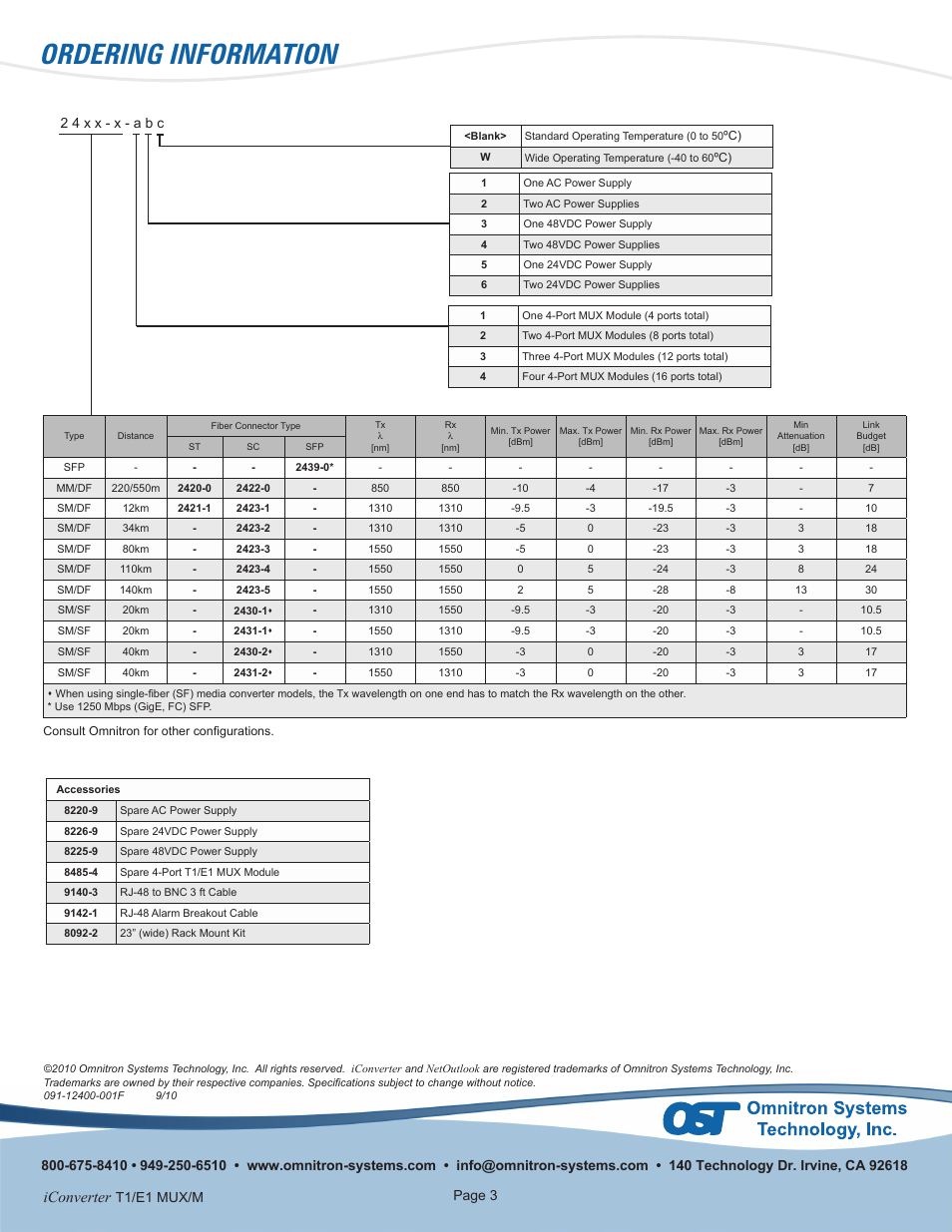Ordering information, Iconverter, T1/e1 mux/m | Omnitron Systems Technology iConverter T1/E1 MUX User Manual | Page 3 / 3