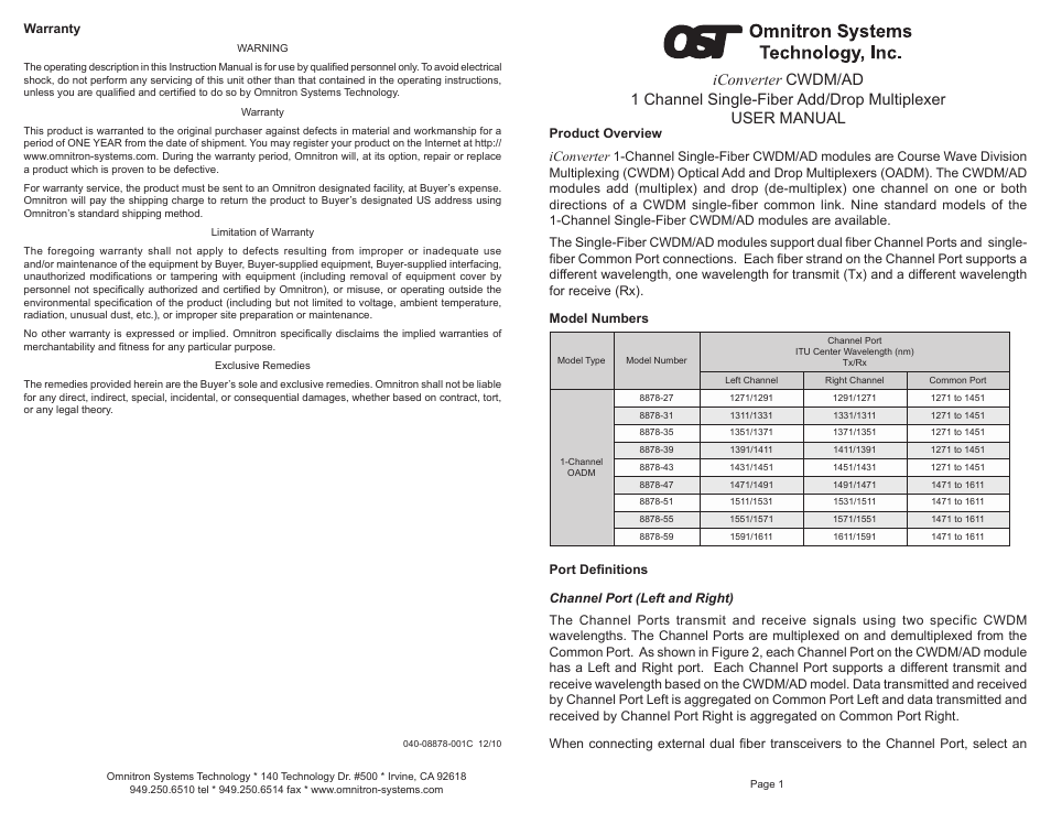 Omnitron Systems Technology iConverter Single-Fiber CWDM/AD User Manual | 2 pages