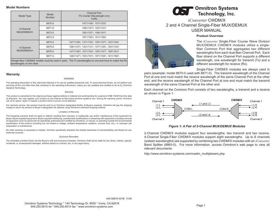 Omnitron Systems Technology iConverter CWDM/X 2 and 4 Channel Single-Fiber MUX/DEMUX User Manual | 2 pages