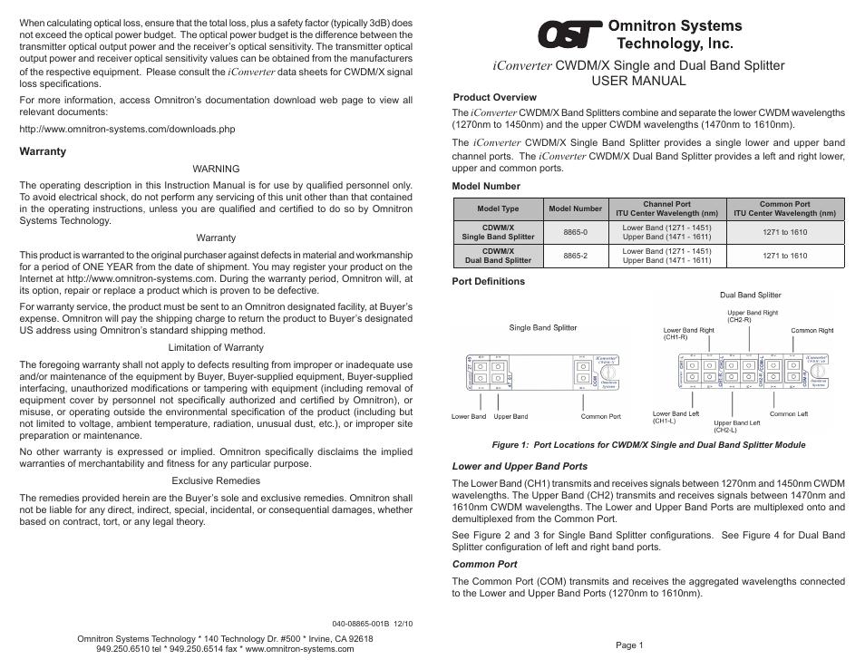 Omnitron Systems Technology Band Splitter User Manual | 2 pages