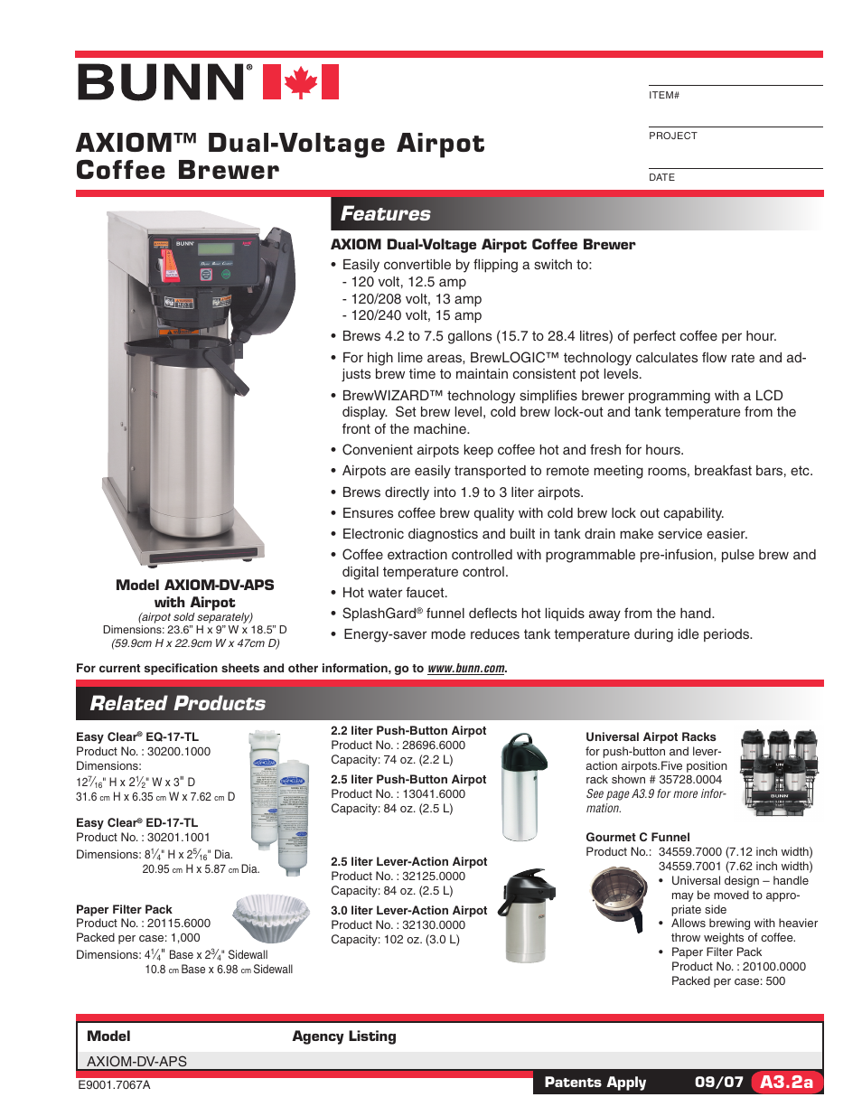 Bunn AXIOM-DV-APS User Manual | 2 pages