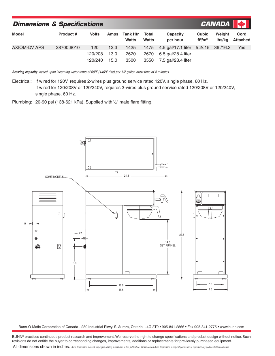 Dimensions & specifications, Canada | Bunn AXIOM-DV-APS User Manual | Page 2 / 2