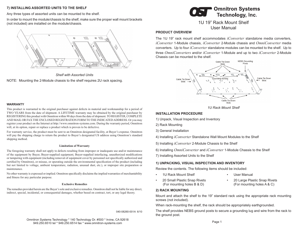 Omnitron Systems Technology iConverter 1U Rack-Mount Shelf User Manual | 2 pages