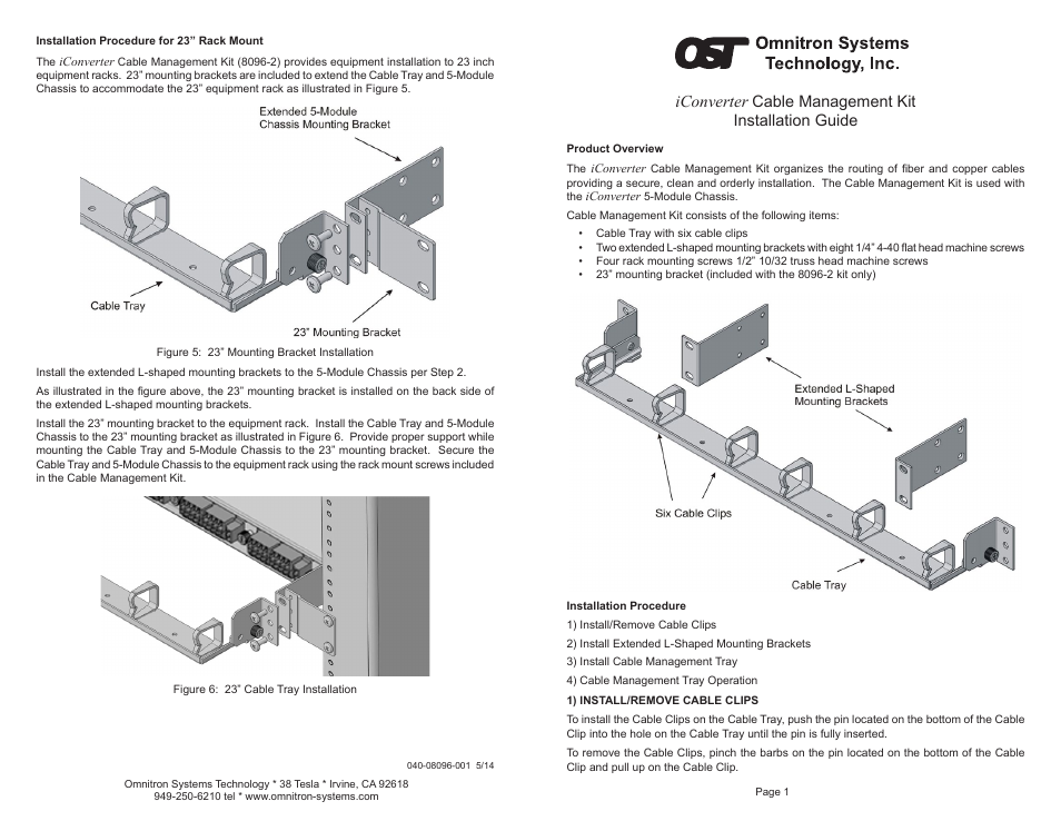 Omnitron Systems Technology Cable Management Kit for 5-Module Chassis User Manual | 2 pages