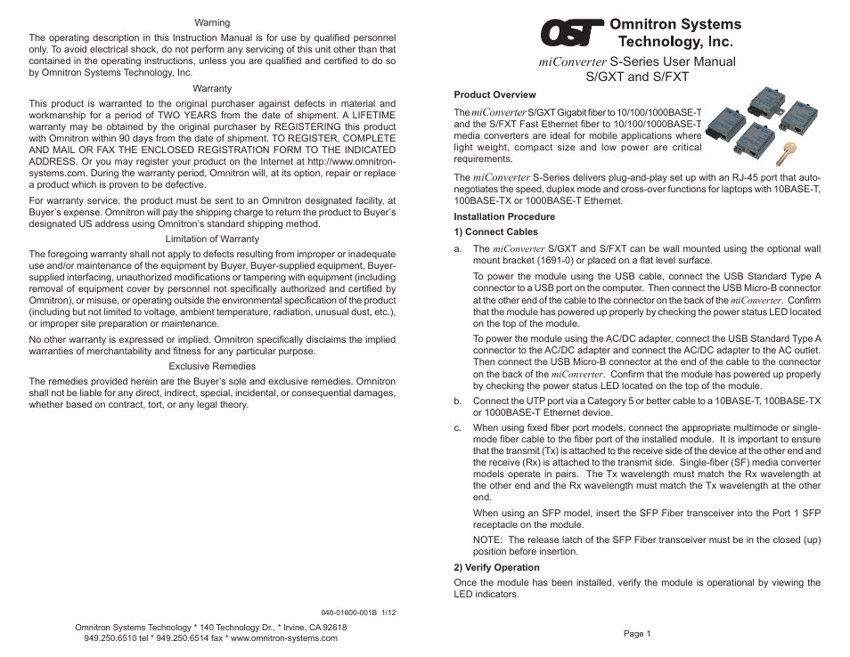 Omnitron Systems Technology miConverter S-Series User Manual | 2 pages