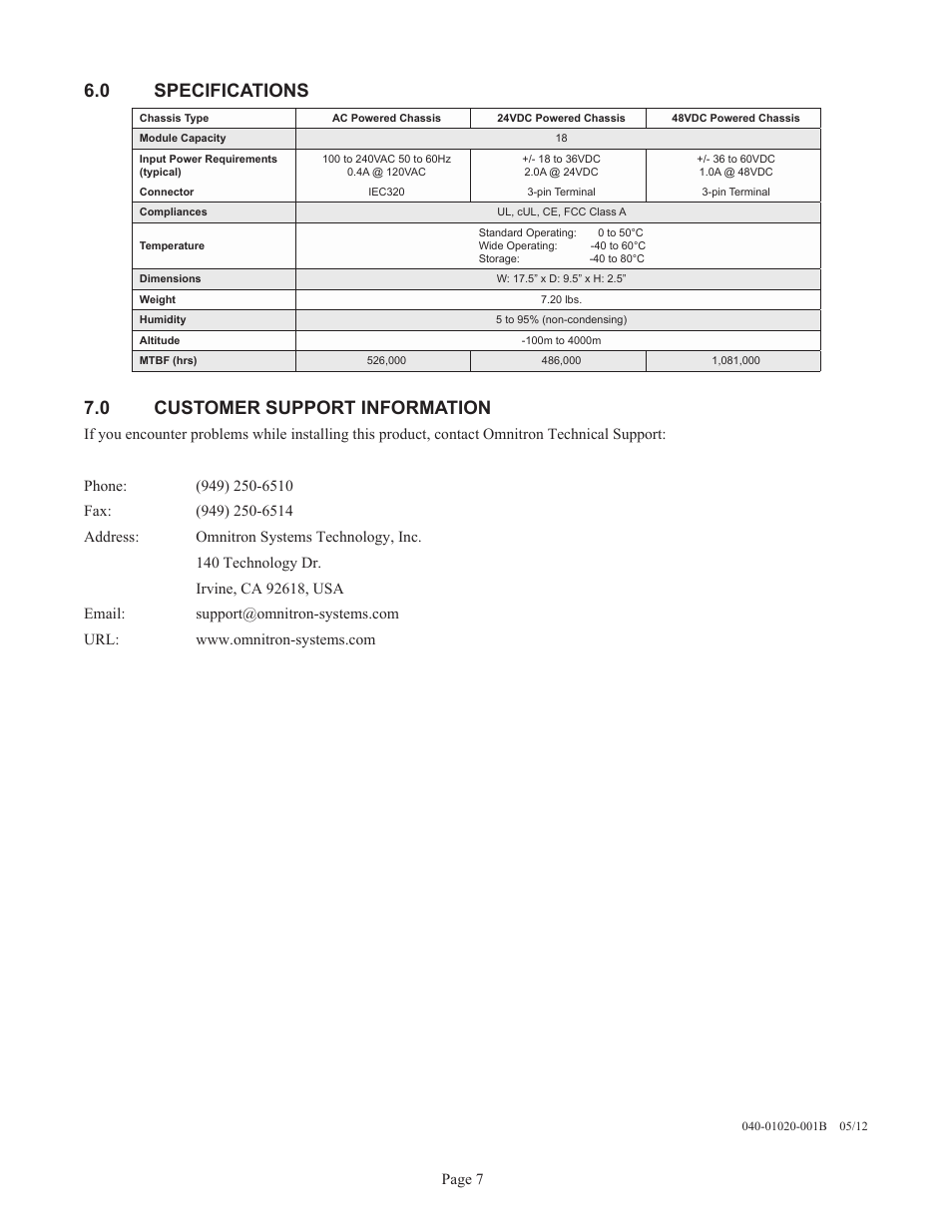 0 specifications, 0 customer support information | Omnitron Systems Technology miConverter 18-Module Chassis User Manual | Page 7 / 7