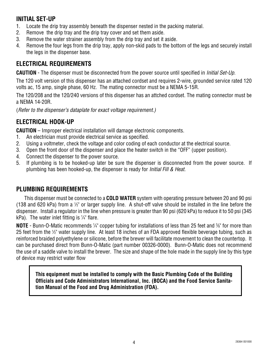 Initial set-up, Electrical requirements, Electrical hook-up | Plumbing requirements | Bunn FMD-1 User Manual | Page 4 / 30