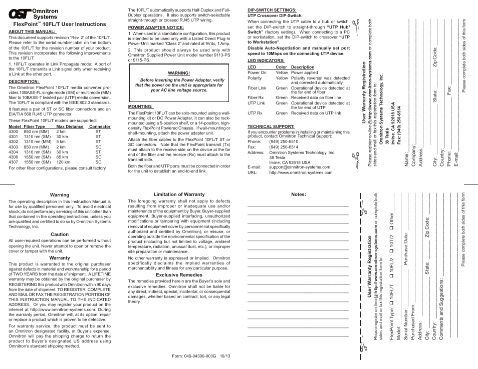 Omnitron Systems Technology FlexPoint 10FL/T User Manual | 1 page