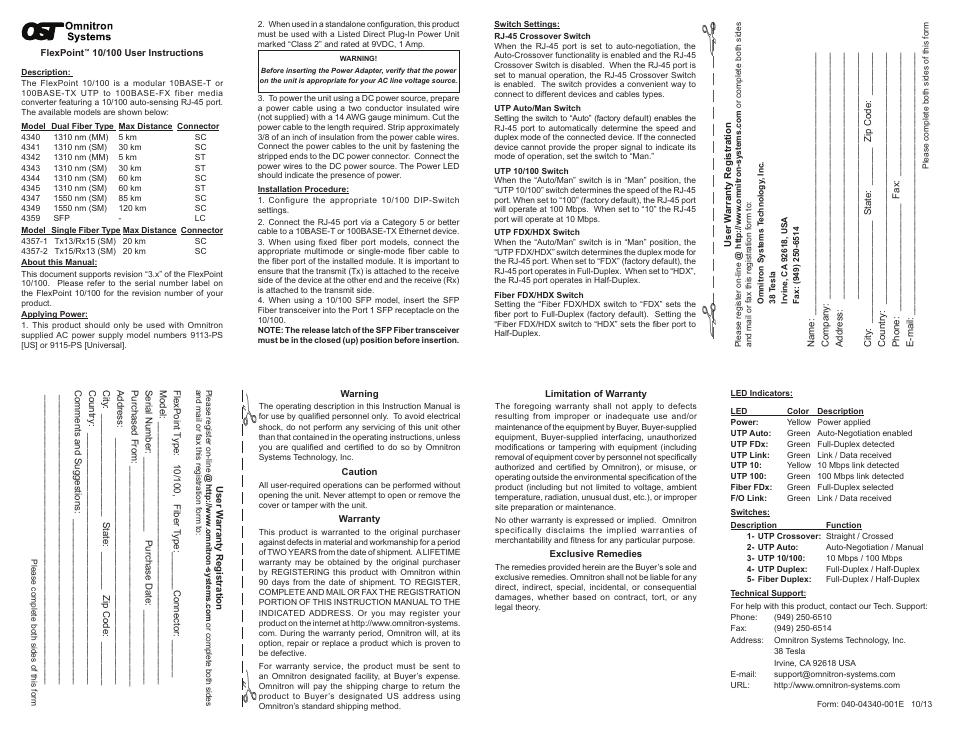 Omnitron Systems Technology FlexPoint 10/100 User Manual | 1 page