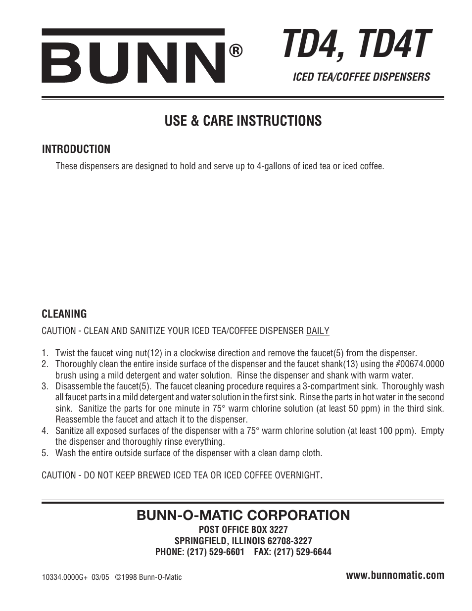 Bunn TD4 User Manual | 4 pages
