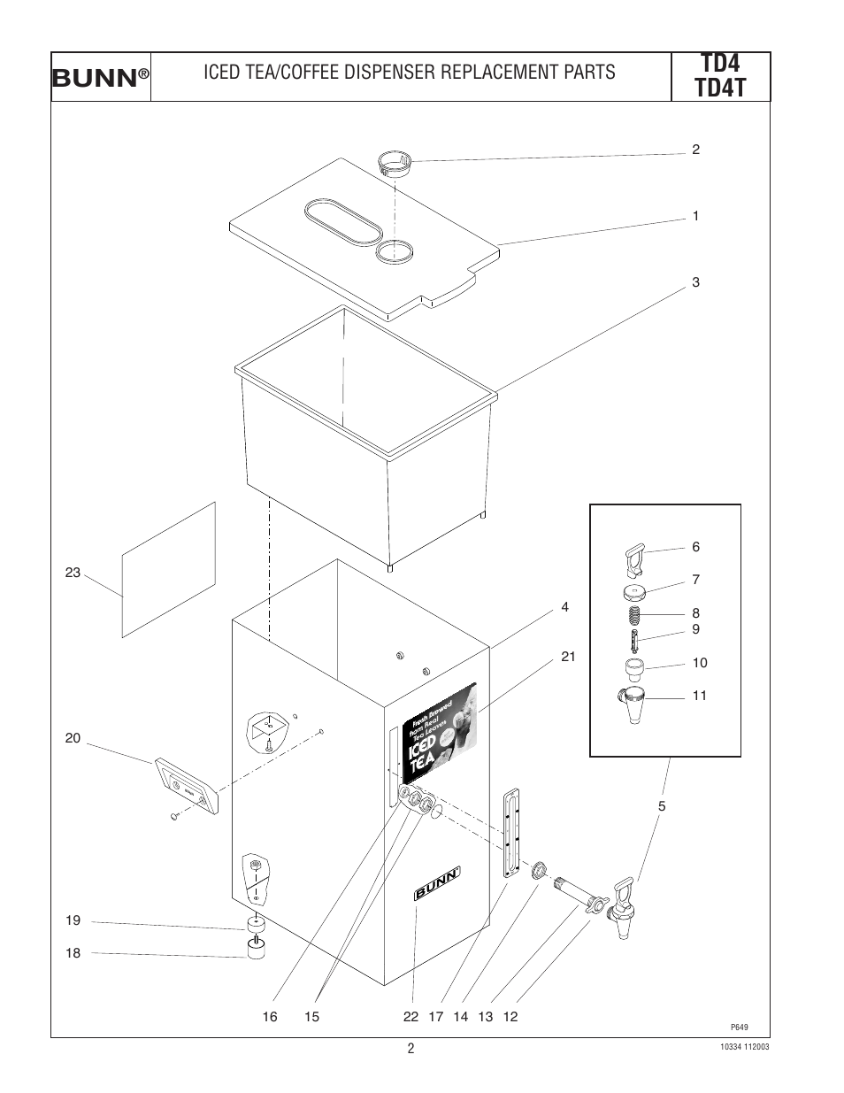 Bunn, Td4 td4t, Iced tea/coffee dispenser replacement parts | Bunn TD4 User Manual | Page 2 / 4