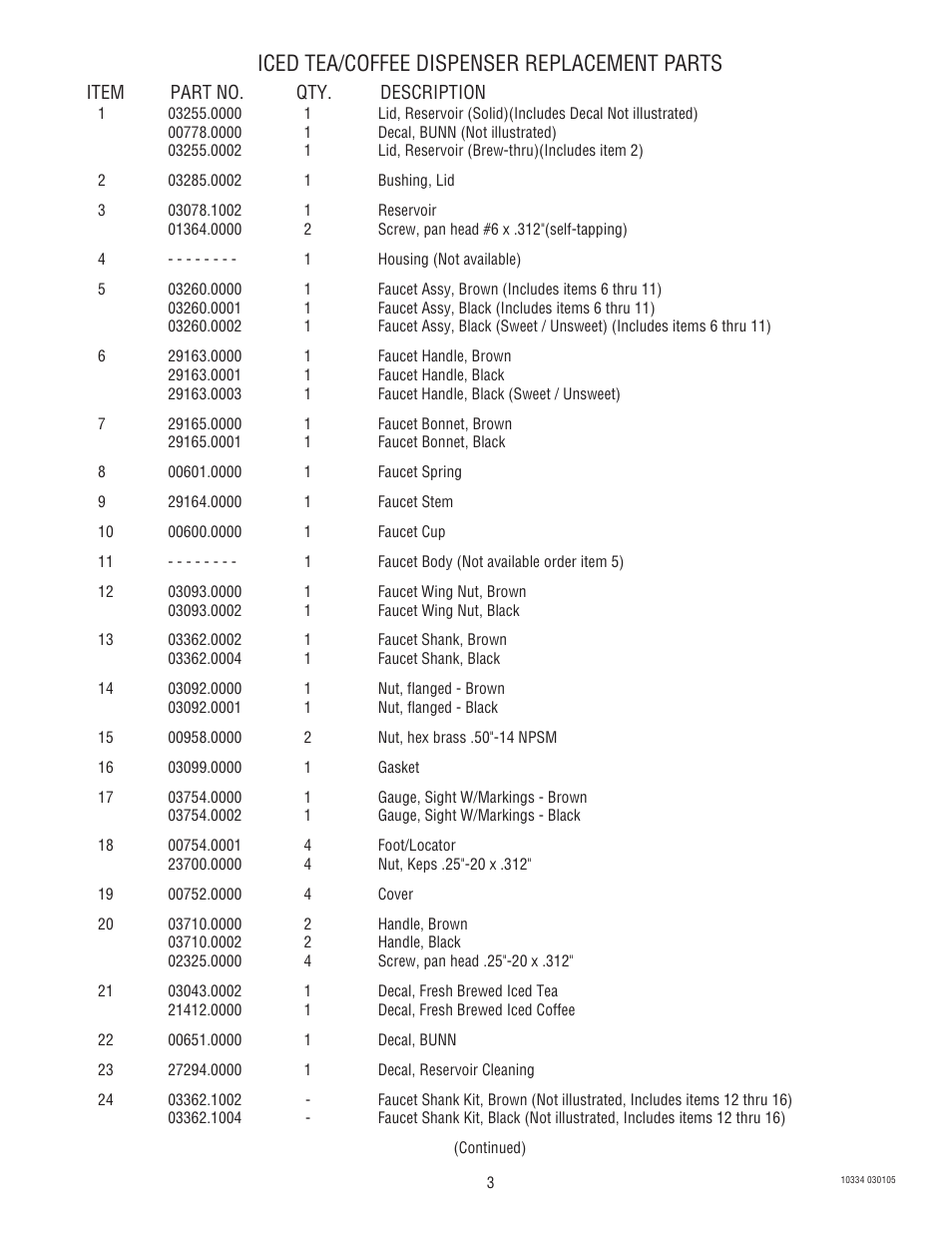 Iced tea/coffee dispenser replacement parts | Bunn TD4 User Manual | Page 3 / 4