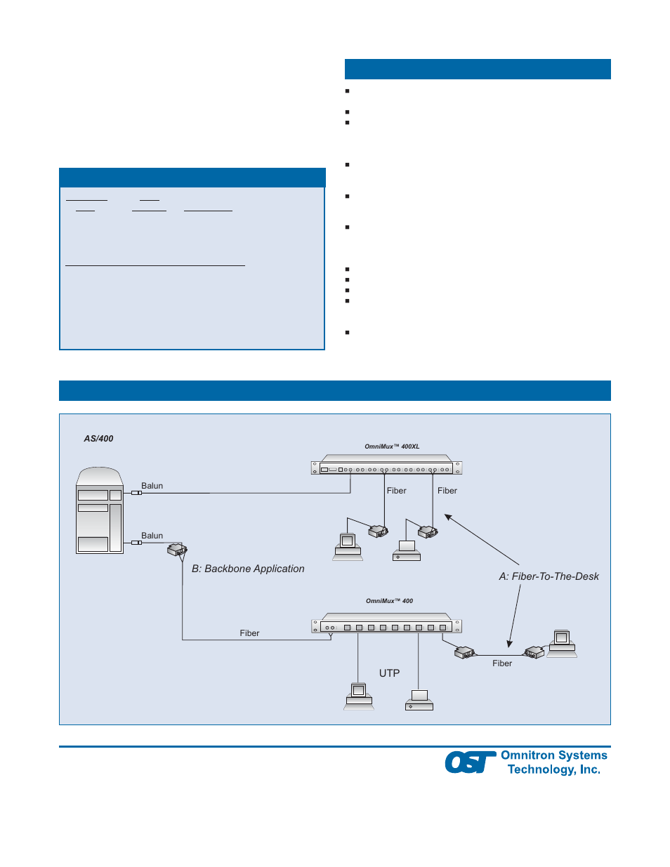 Sample application, Ordering information specifications | Omnitron Systems Technology OmniRepeater 400FTD User Manual | Page 2 / 2