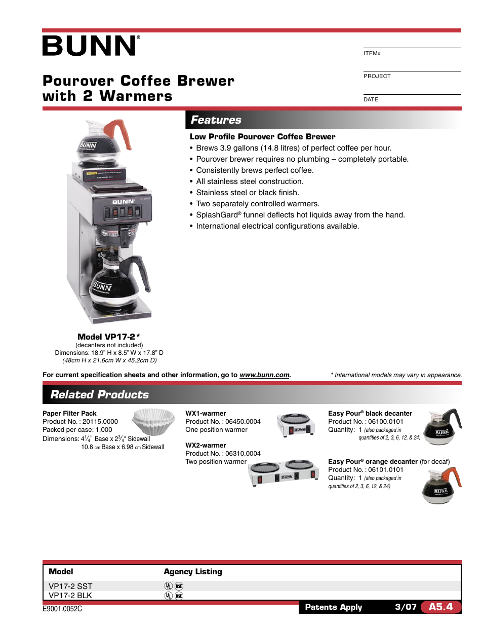 Bunn VP17-2 User Manual | 2 pages
