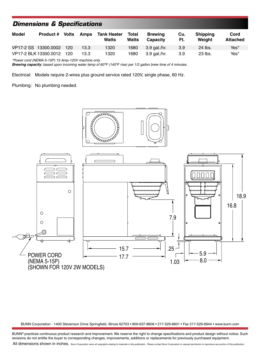 Dimensions & speciﬁcations | Bunn VP17-2 User Manual | Page 2 / 2