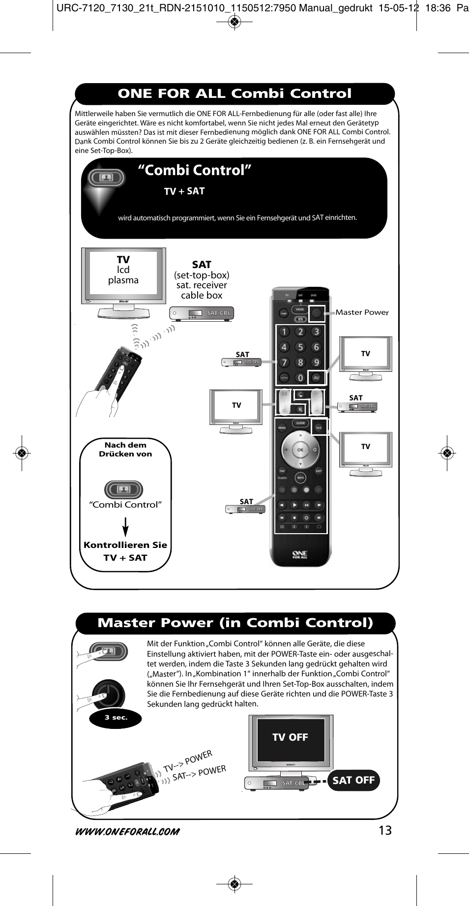 Combi control, One for all combi control, Master power (in combi control) | Tv lcd plasma, Sat (set-top-box) sat. receiver cable box, Tv + sat, Tv off, Sat off | One for All URC-7130 Essence 3 User Manual | Page 14 / 193