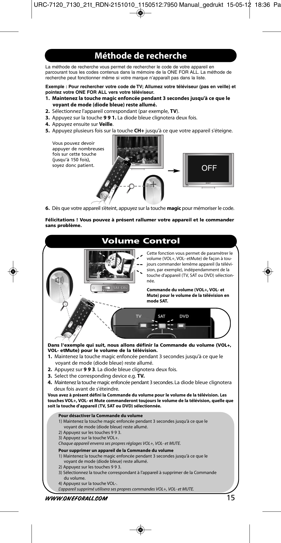 Méthode de recherche, Volume control | One for All URC-7130 Essence 3 User Manual | Page 16 / 193