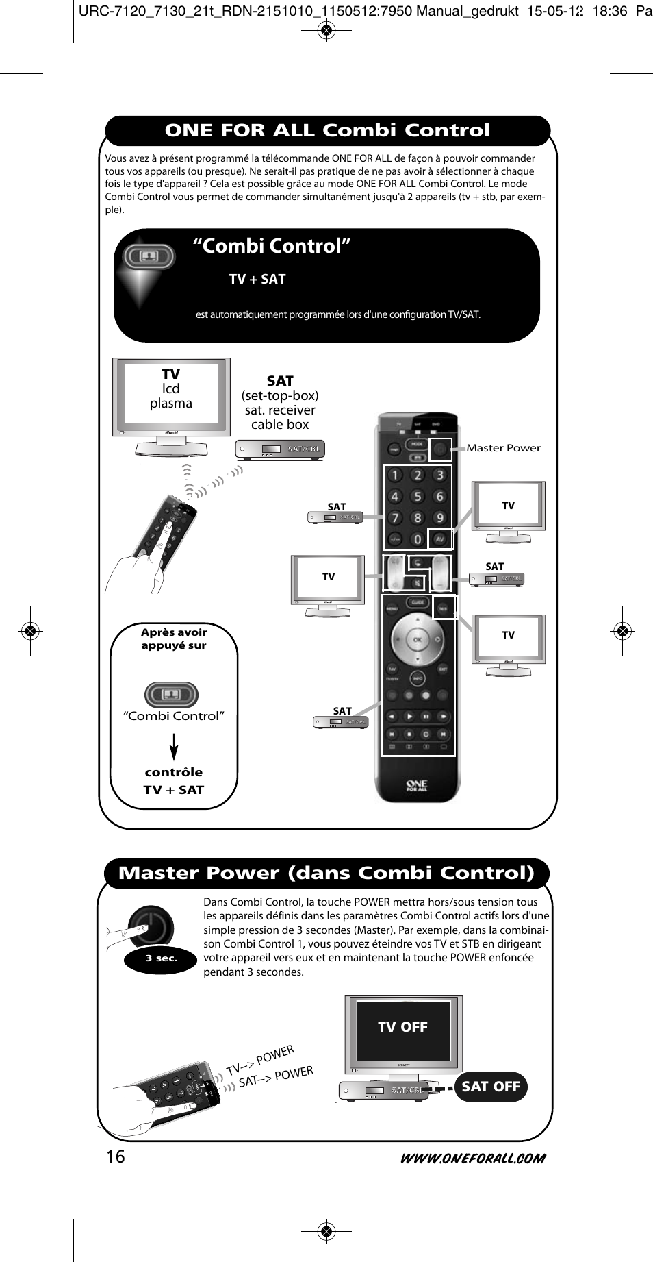 Combi control, One for all combi control, Master power (dans combi control) 16 | Tv lcd plasma, Sat (set-top-box) sat. receiver cable box, Tv + sat, Tv off, Sat off | One for All URC-7130 Essence 3 User Manual | Page 17 / 193