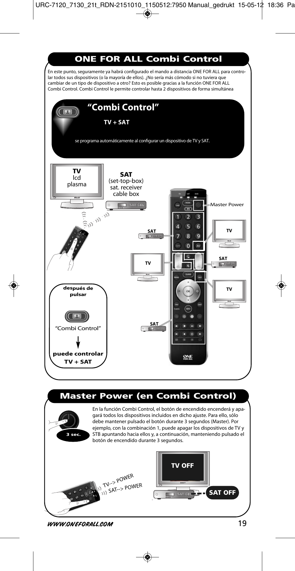 Combi control, One for all combi control, Master power (en combi control) | Tv lcd plasma, Sat (set-top-box) sat. receiver cable box, Tv + sat, Tv off, Sat off | One for All URC-7130 Essence 3 User Manual | Page 20 / 193