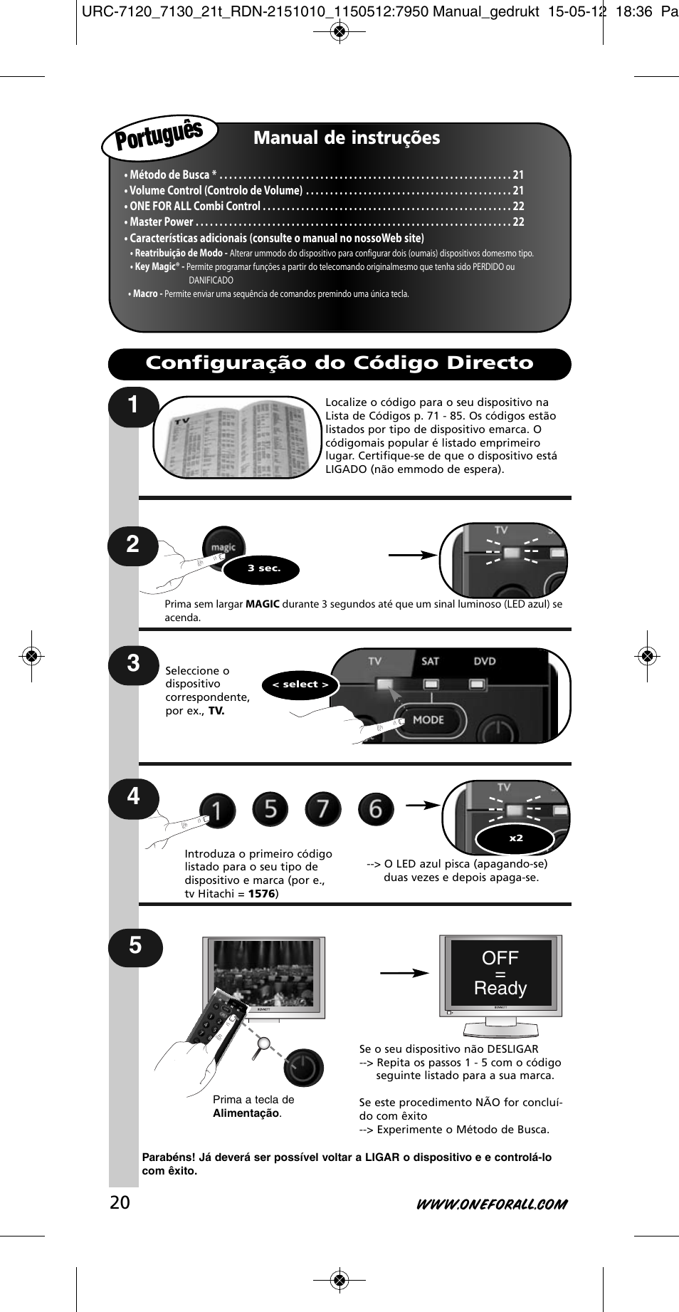 Português, Manual de instruções, Off = ready | Configuração do código directo | One for All URC-7130 Essence 3 User Manual | Page 21 / 193