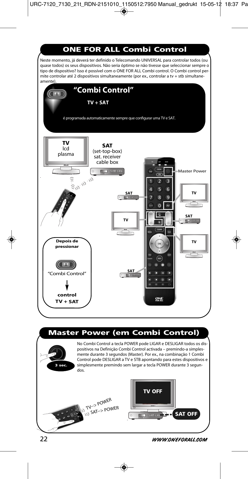 Combi control, One for all combi control, Master power (em combi control) 22 | Tv lcd plasma, Sat (set-top-box) sat. receiver cable box, Tv + sat, Tv off, Sat off | One for All URC-7130 Essence 3 User Manual | Page 23 / 193