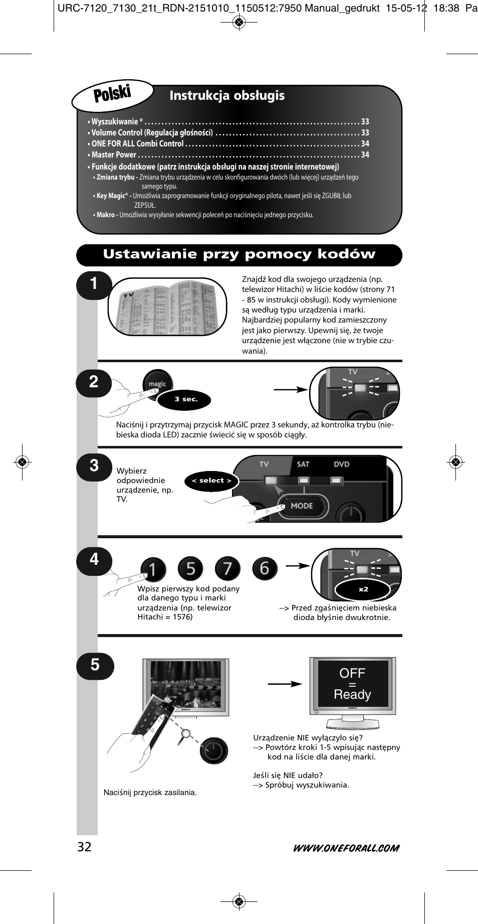 Polski, Instrukcja obsługis, Off = ready | Ustawianie przy pomocy kodów | One for All URC-7130 Essence 3 User Manual | Page 33 / 193