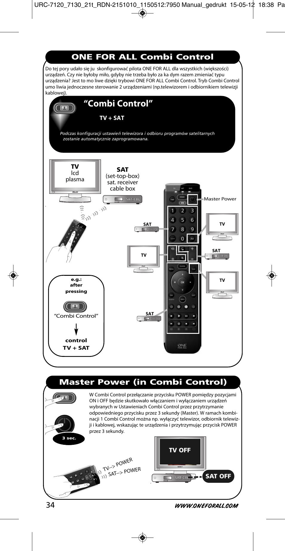 Combi control, Tv lcd plasma, Sat (set-top-box) sat. receiver cable box | Tv + sat, Tv off, Sat off | One for All URC-7130 Essence 3 User Manual | Page 35 / 193