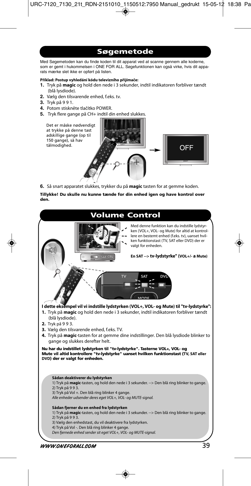 Søgemetode volume control | One for All URC-7130 Essence 3 User Manual | Page 40 / 193