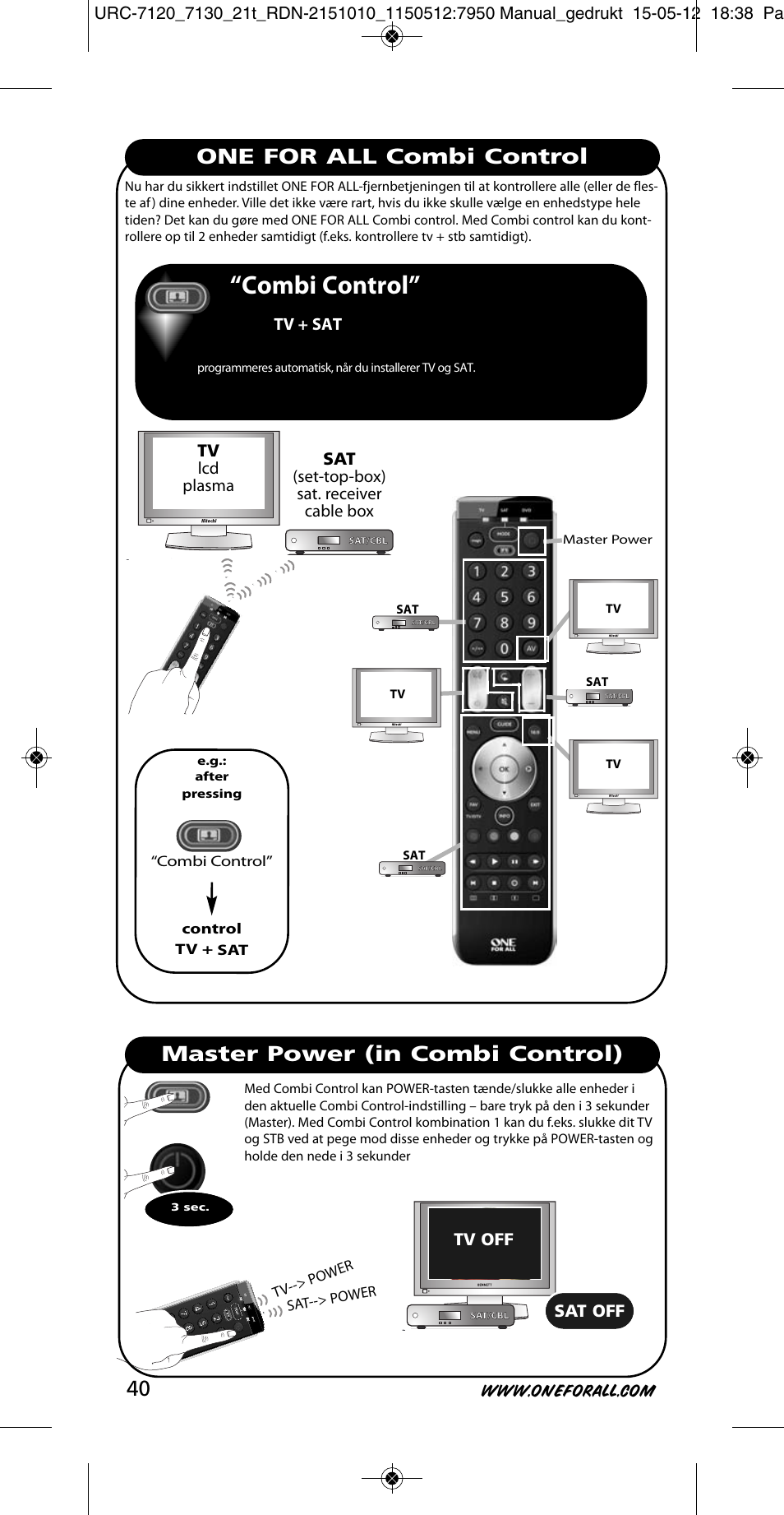 Combi control, One for all combi control, Master power (in combi control) 40 | Tv lcd plasma, Sat (set-top-box) sat. receiver cable box, Tv + sat, Tv off, Sat off | One for All URC-7130 Essence 3 User Manual | Page 41 / 193