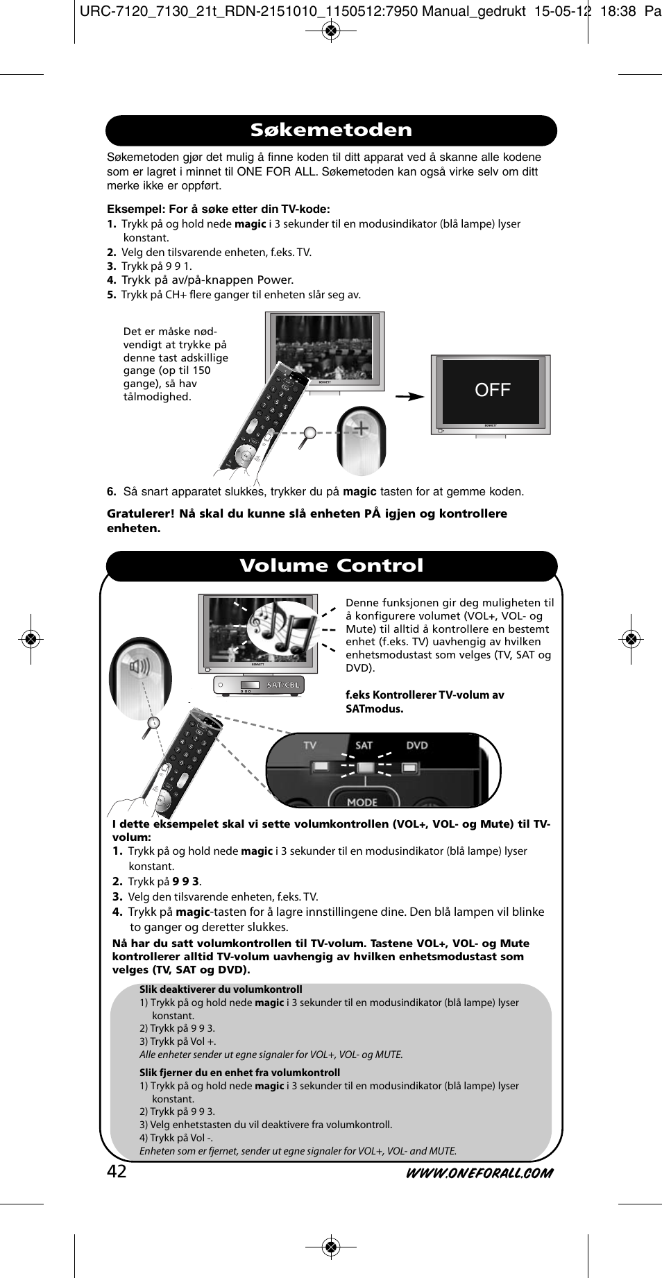 Søkemetoden volume control | One for All URC-7130 Essence 3 User Manual | Page 43 / 193