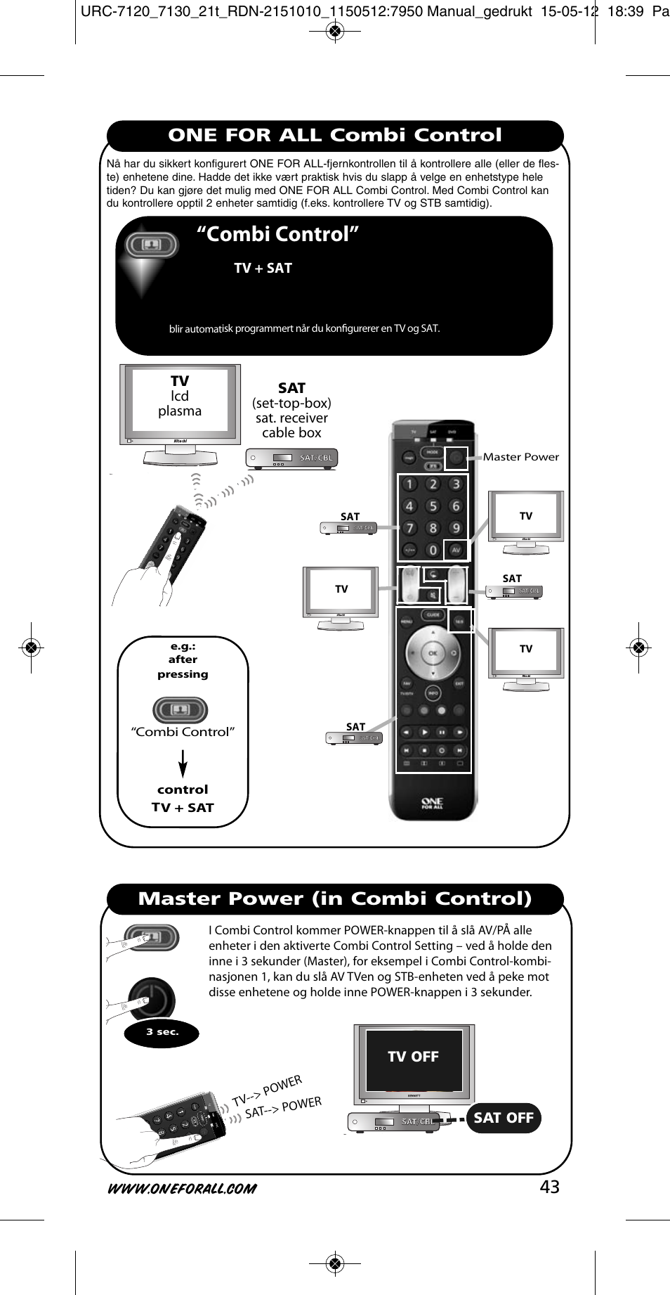 Combi control, One for all combi control, Master power (in combi control) | Tv lcd plasma, Sat (set-top-box) sat. receiver cable box, Tv + sat, Tv off, Sat off | One for All URC-7130 Essence 3 User Manual | Page 44 / 193