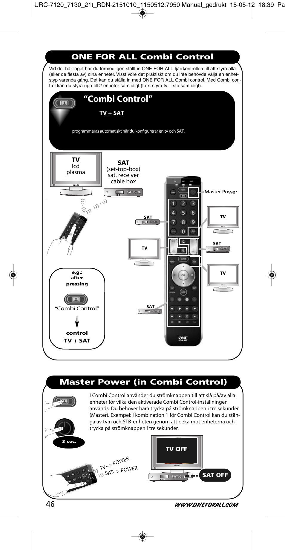 Combi control, One for all combi control, Master power (in combi control) 46 | Tv lcd plasma, Sat (set-top-box) sat. receiver cable box, Tv + sat, Tv off, Sat off | One for All URC-7130 Essence 3 User Manual | Page 47 / 193