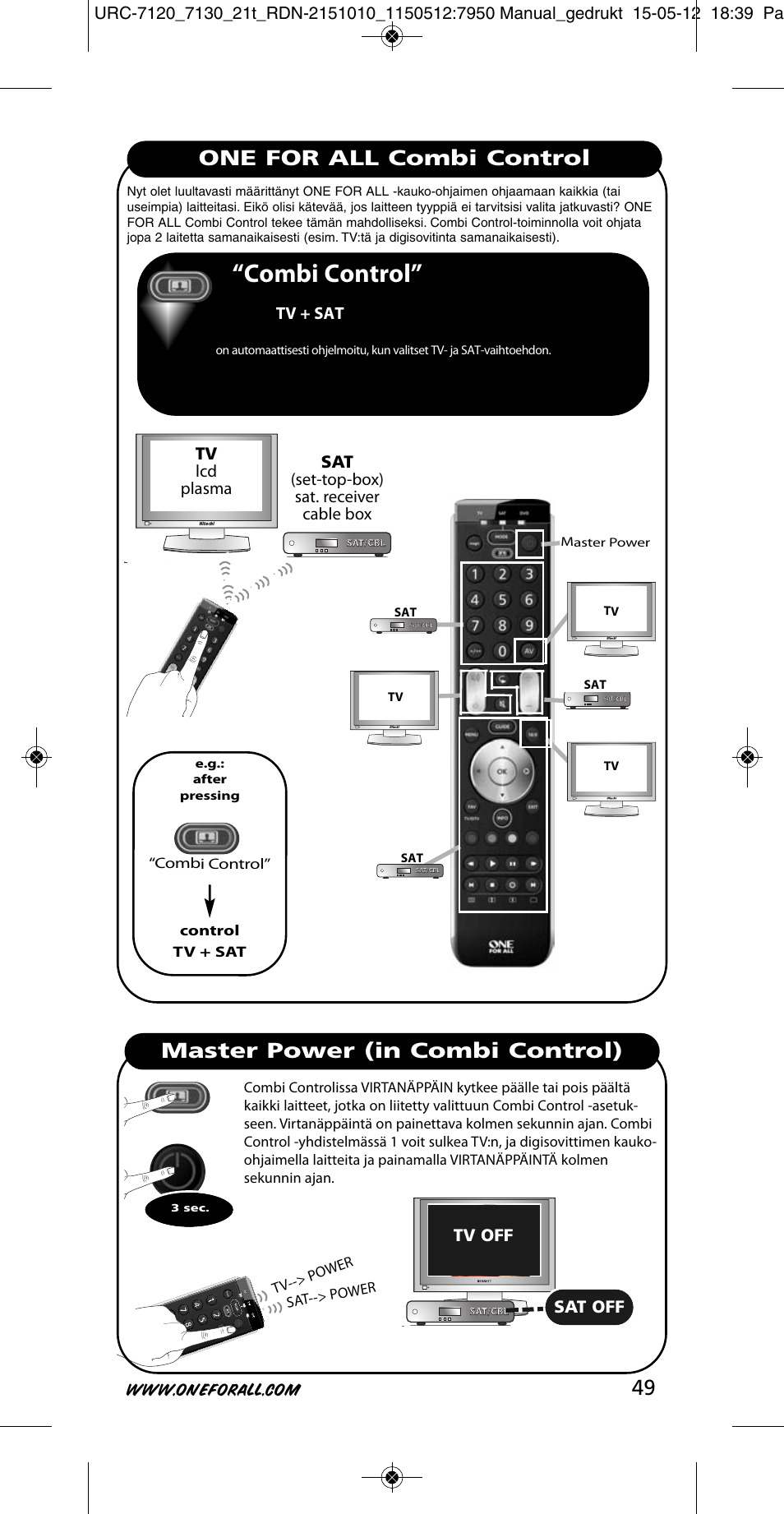 Combi control, One for all combi control, Master power (in combi control) | Tv + sat, Tv off, Sat off, Tv lcd plasma, Sat (set-top-box) sat. receiver cable box | One for All URC-7130 Essence 3 User Manual | Page 50 / 193