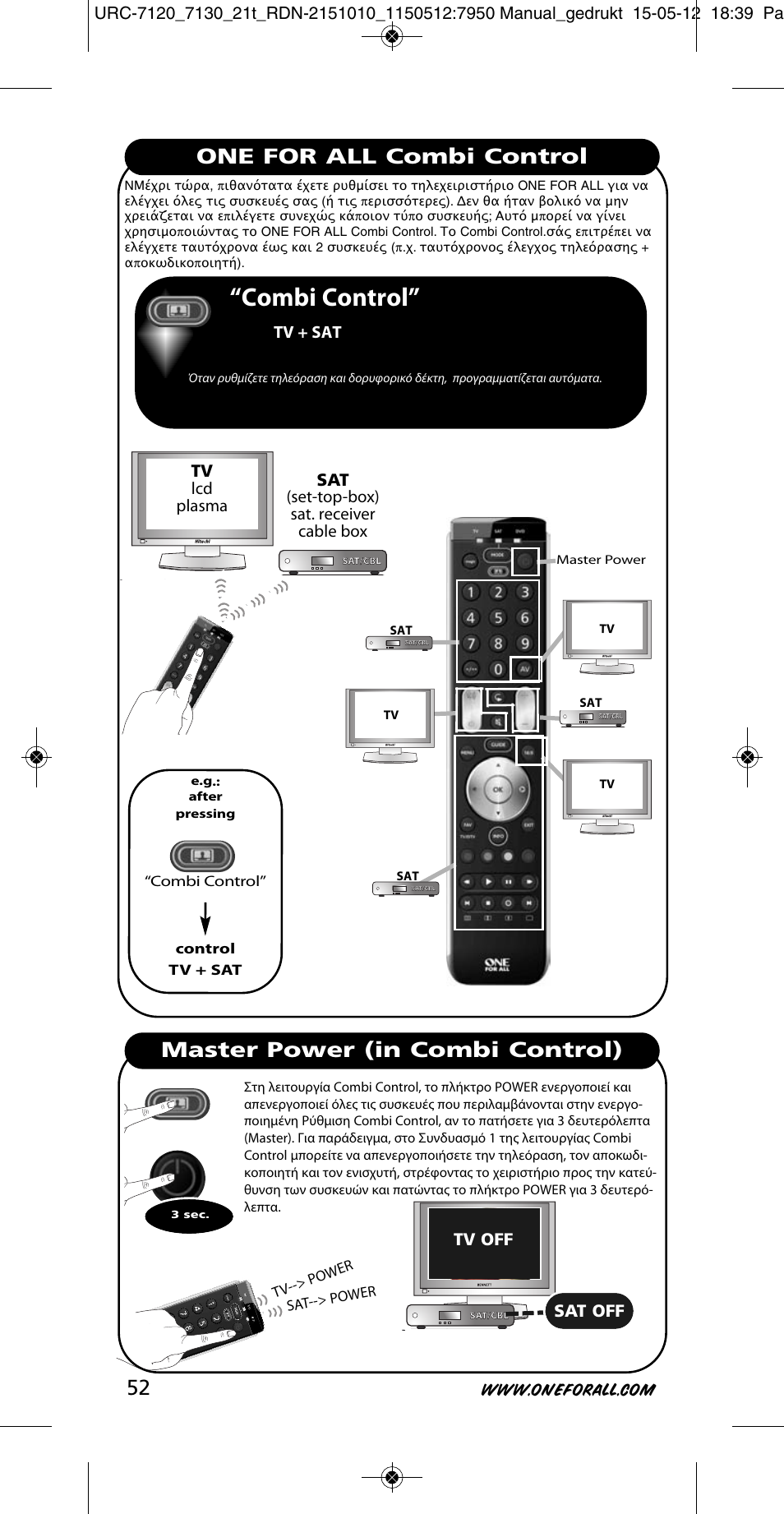 Combi control, One for all combi control, Master power (in combi control) 52 | Tv lcd plasma, Sat (set-top-box) sat. receiver cable box, Tv + sat, Tv off, Sat off | One for All URC-7130 Essence 3 User Manual | Page 53 / 193