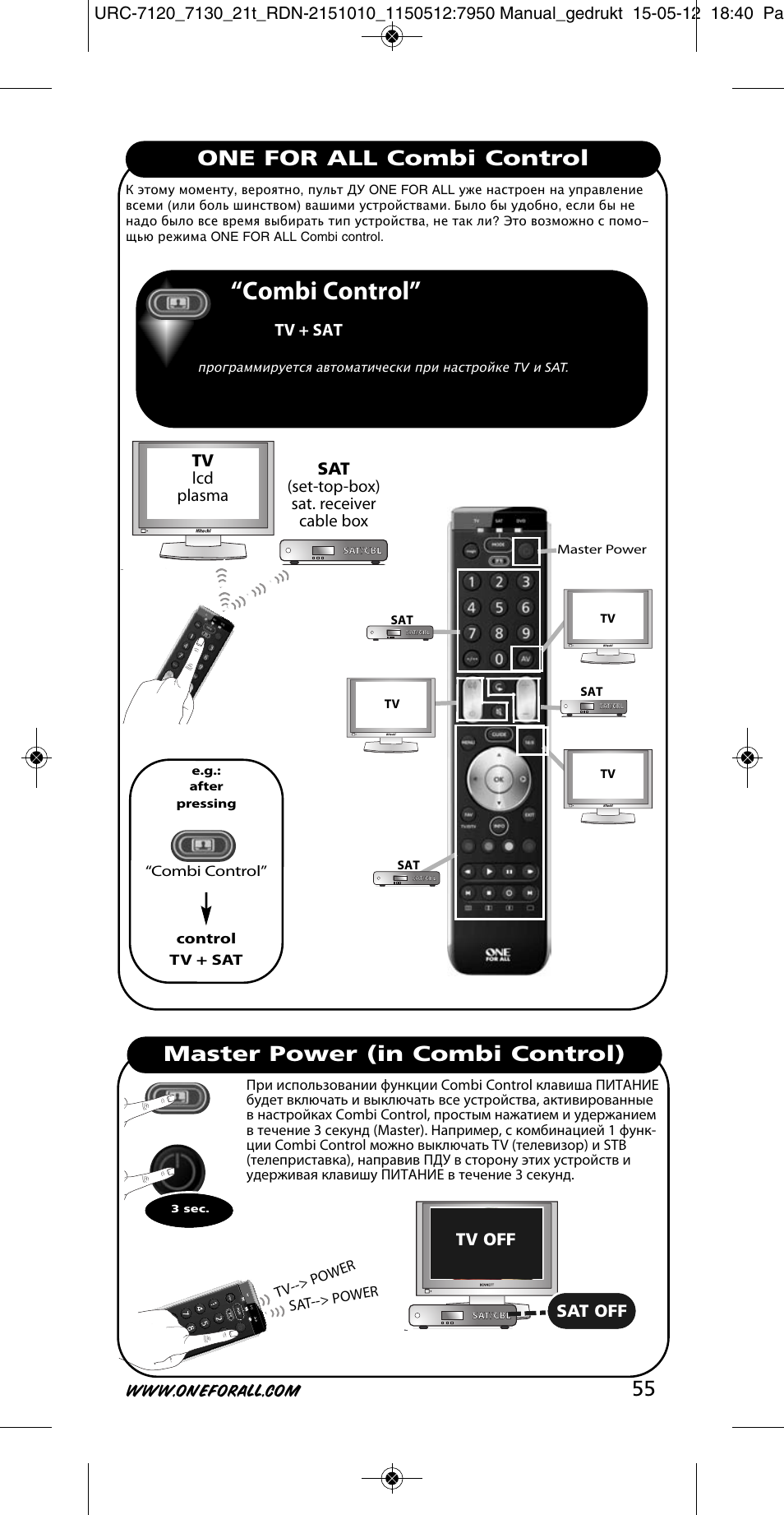 Combi control, One for all combi control, Master power (in combi control) | Tv lcd plasma, Sat (set-top-box) sat. receiver cable box, Tv + sat, Tv off, Sat off | One for All URC-7130 Essence 3 User Manual | Page 56 / 193