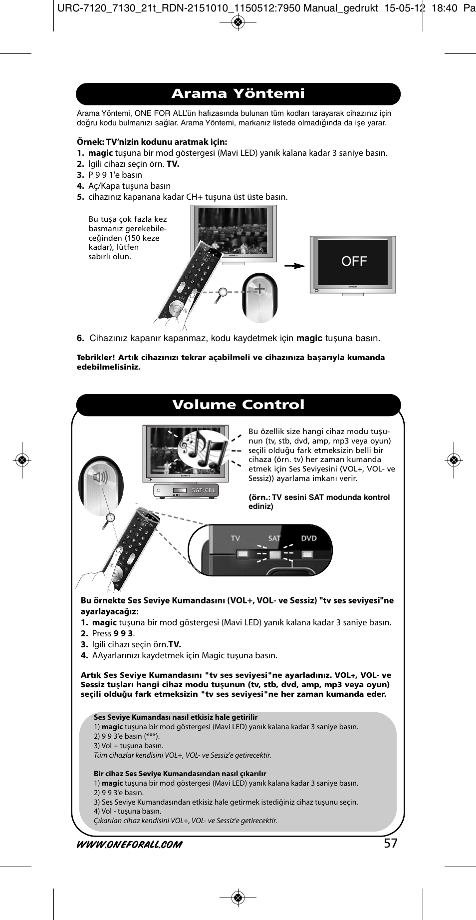 Arama yöntemi volume control | One for All URC-7130 Essence 3 User Manual | Page 58 / 193