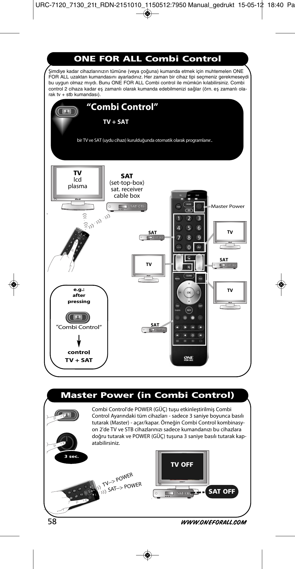 Combi control, One for all combi control, Master power (in combi control) 58 | Tv + sat, Tv off, Sat off, Tv lcd plasma, Sat (set-top-box) sat. receiver cable box | One for All URC-7130 Essence 3 User Manual | Page 59 / 193