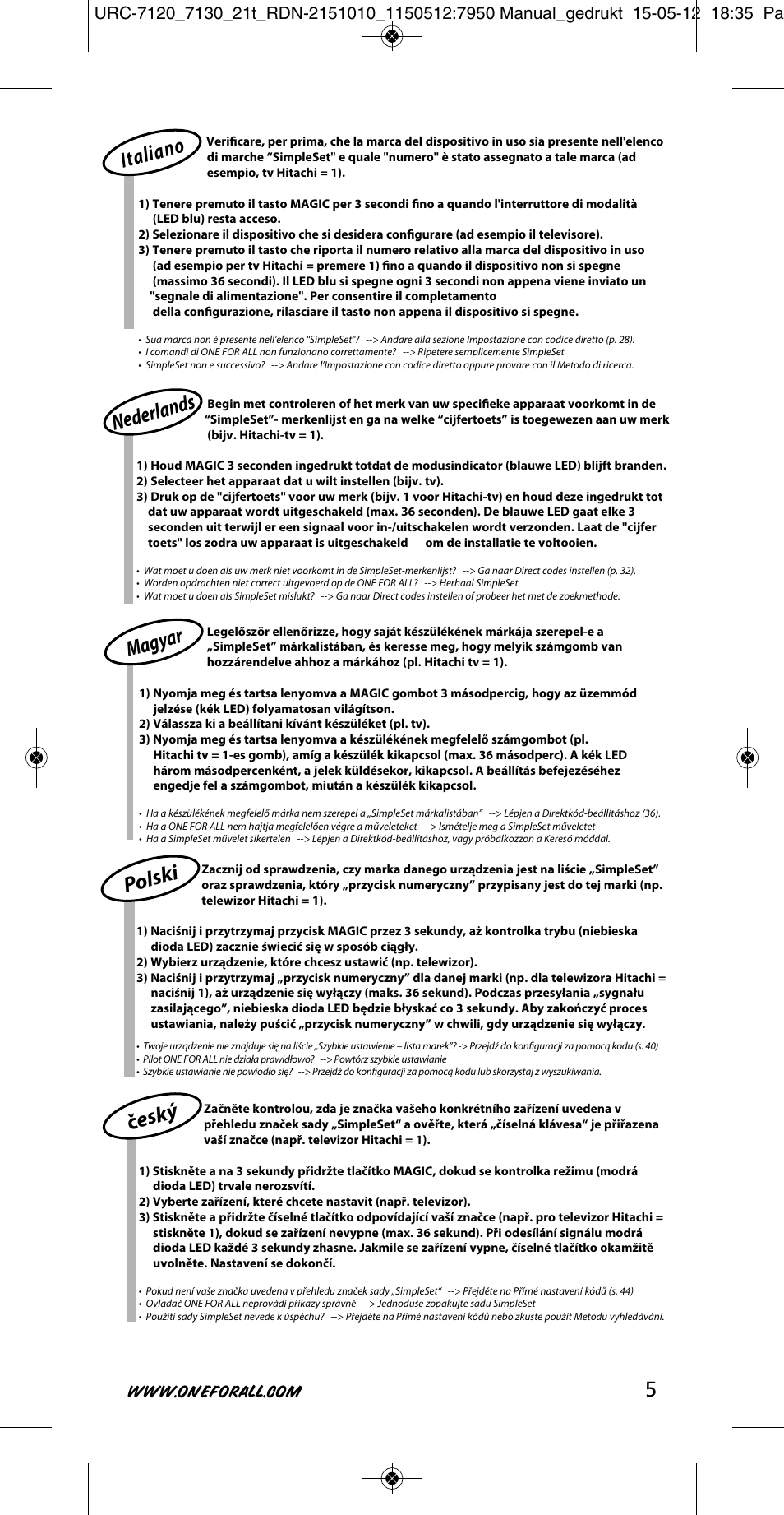 Italia no nederla nds polsk i magy ar český | One for All URC-7130 Essence 3 User Manual | Page 6 / 193