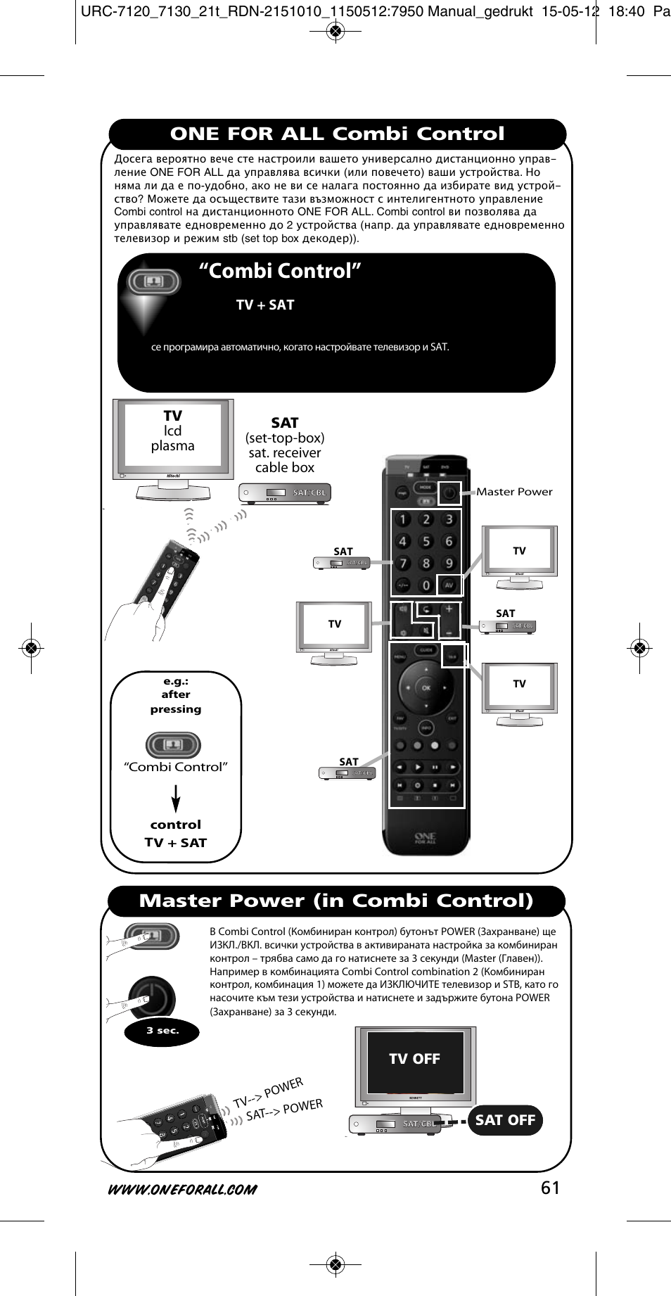 Combi control, One for all combi control, Master power (in combi control) | Tv lcd plasma, Sat (set-top-box) sat. receiver cable box, Tv + sat, Tv off, Sat off | One for All URC-7130 Essence 3 User Manual | Page 62 / 193