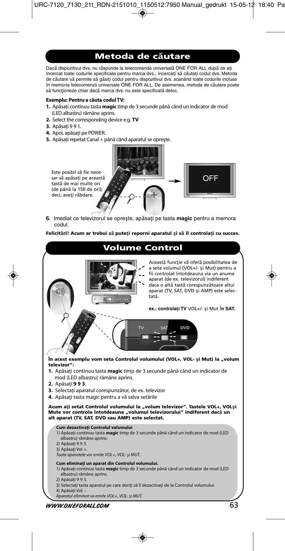 Metoda de căutare volume control | One for All URC-7130 Essence 3 User Manual | Page 64 / 193